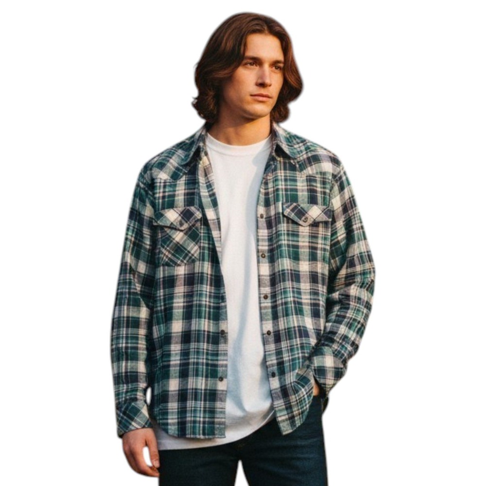 Theory Mens Teal Navy Plaid Western Snap Button Down Shirt Preppy Fall Large